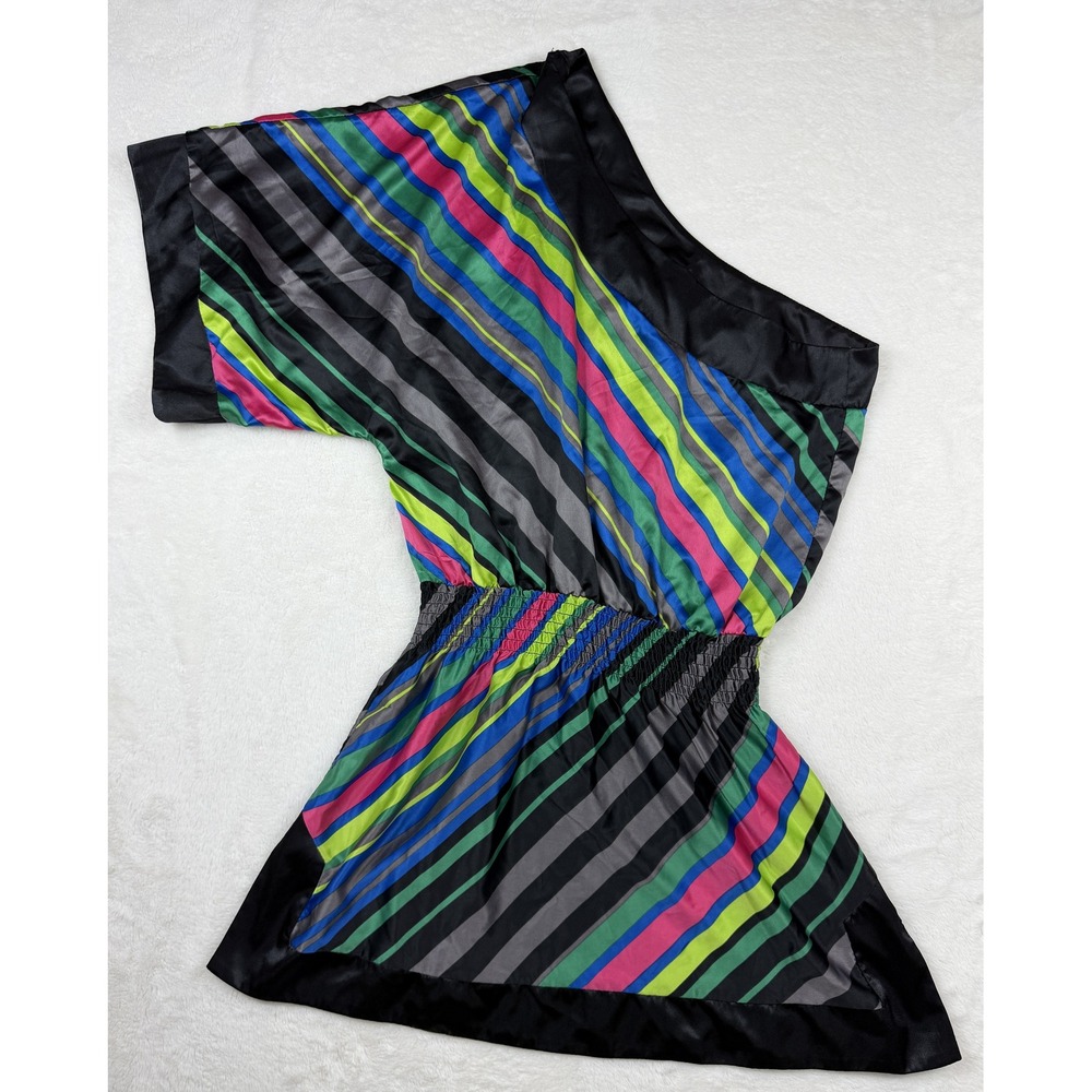 Grass Collection One Shoulder Multicolor Striped Smocked Waist Mini Dress M